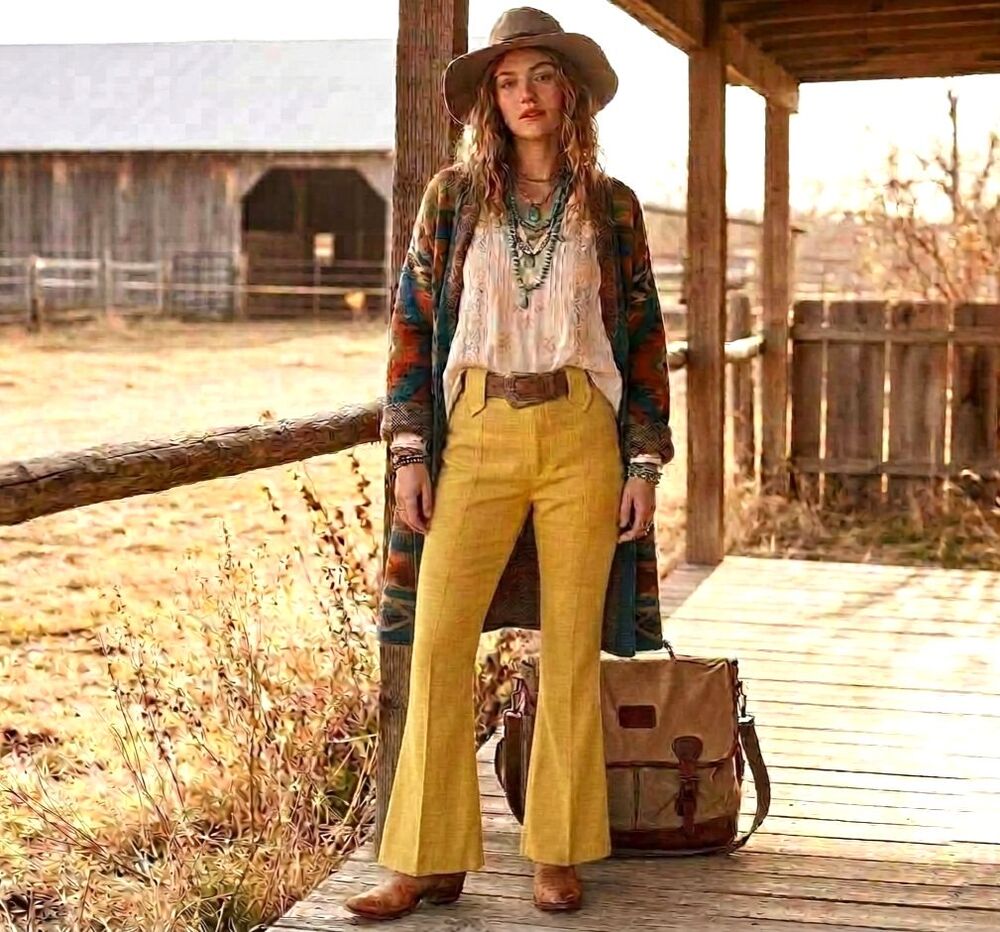 Vintage 70s Western Lasso Yellow Bootcut Suit Pants Hi Rise Cowgirl Ranchwear XS